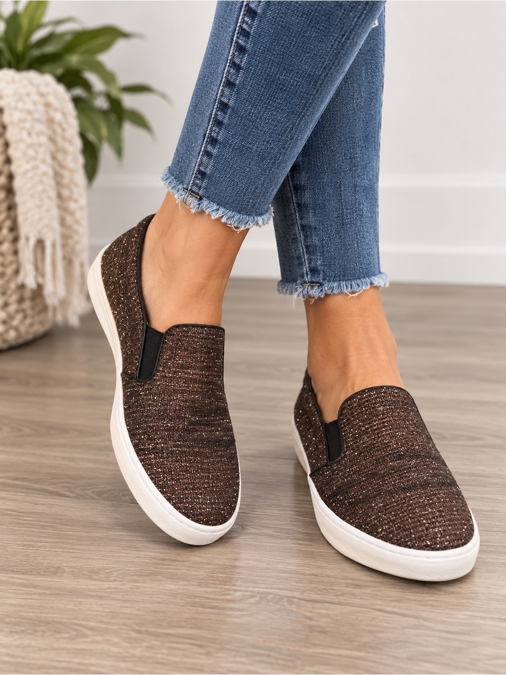 Michael Kors Luxe Brown Metallic Woven Slip-On Sneakers | Sparkle Knit Size 9